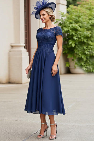 Navy Appliqued A Line Mother Of The Bride Dress